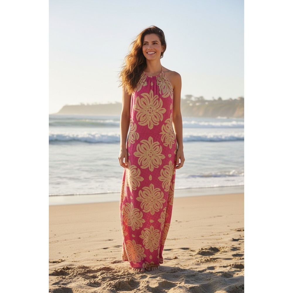 Vineyard Vines Maxi Dress Womens Pink Silk Blend Floral Halter 2Q0733 Size 6